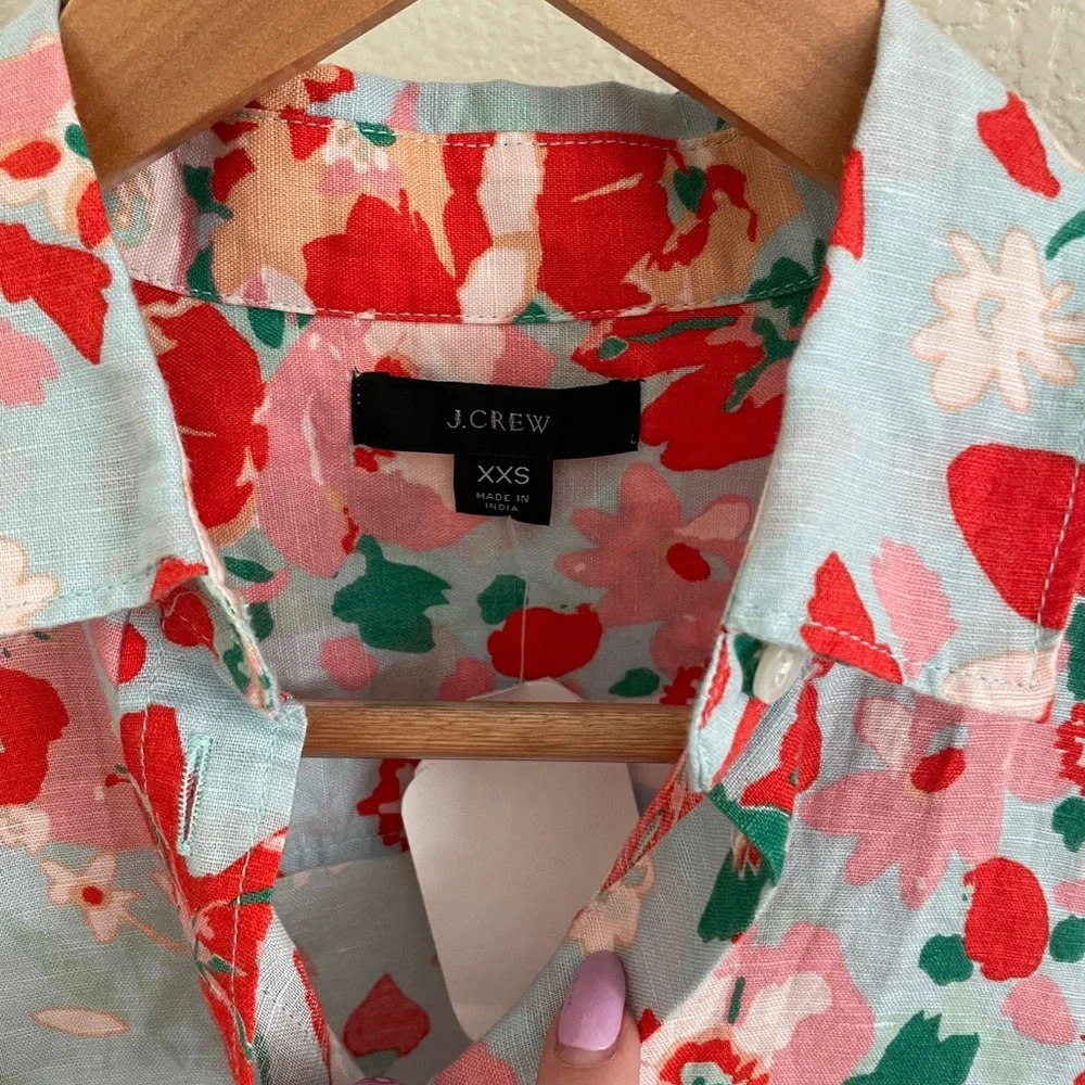J. Crew Linen & Cotton Button-up Shirt - Sky Blue Blouse w/Floral Print - Sz XXS